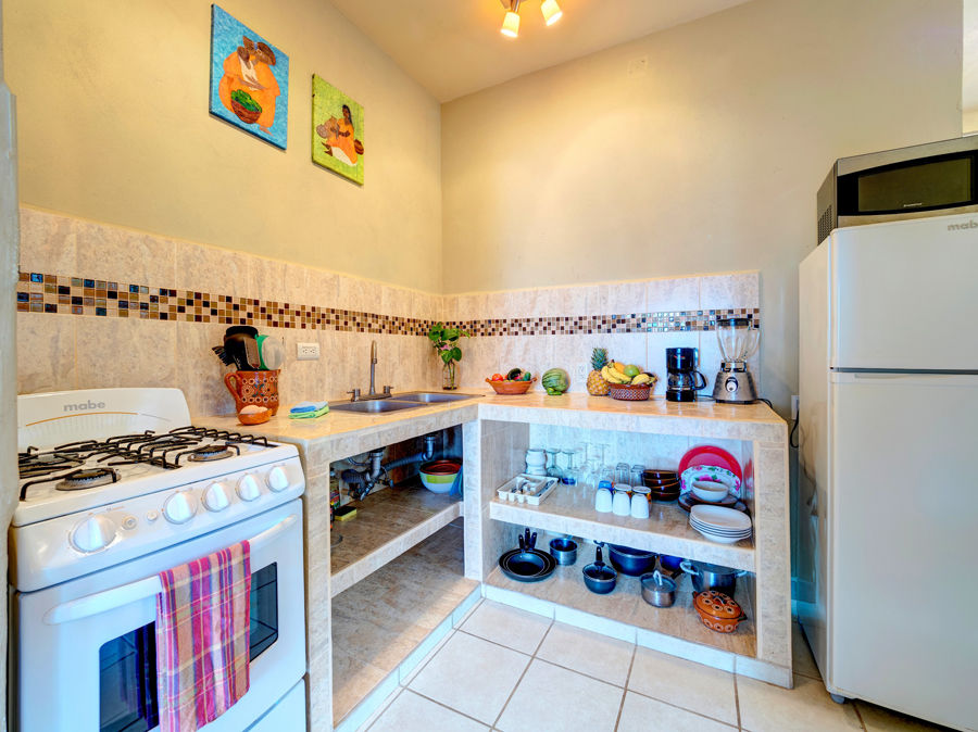 fully-stocked kitchen at this vacation rental in mexico