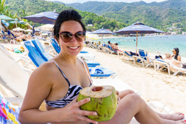 drinking out of a coconut at MiraMar Yelapa